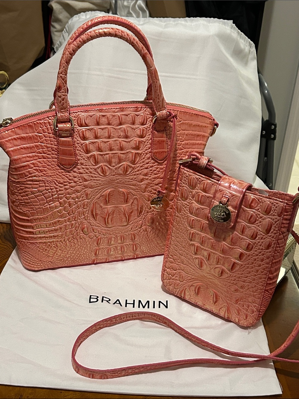 Brahmin Pink Punch Leather Croc-Embossed Duxbury with Matching Marley Crossbody